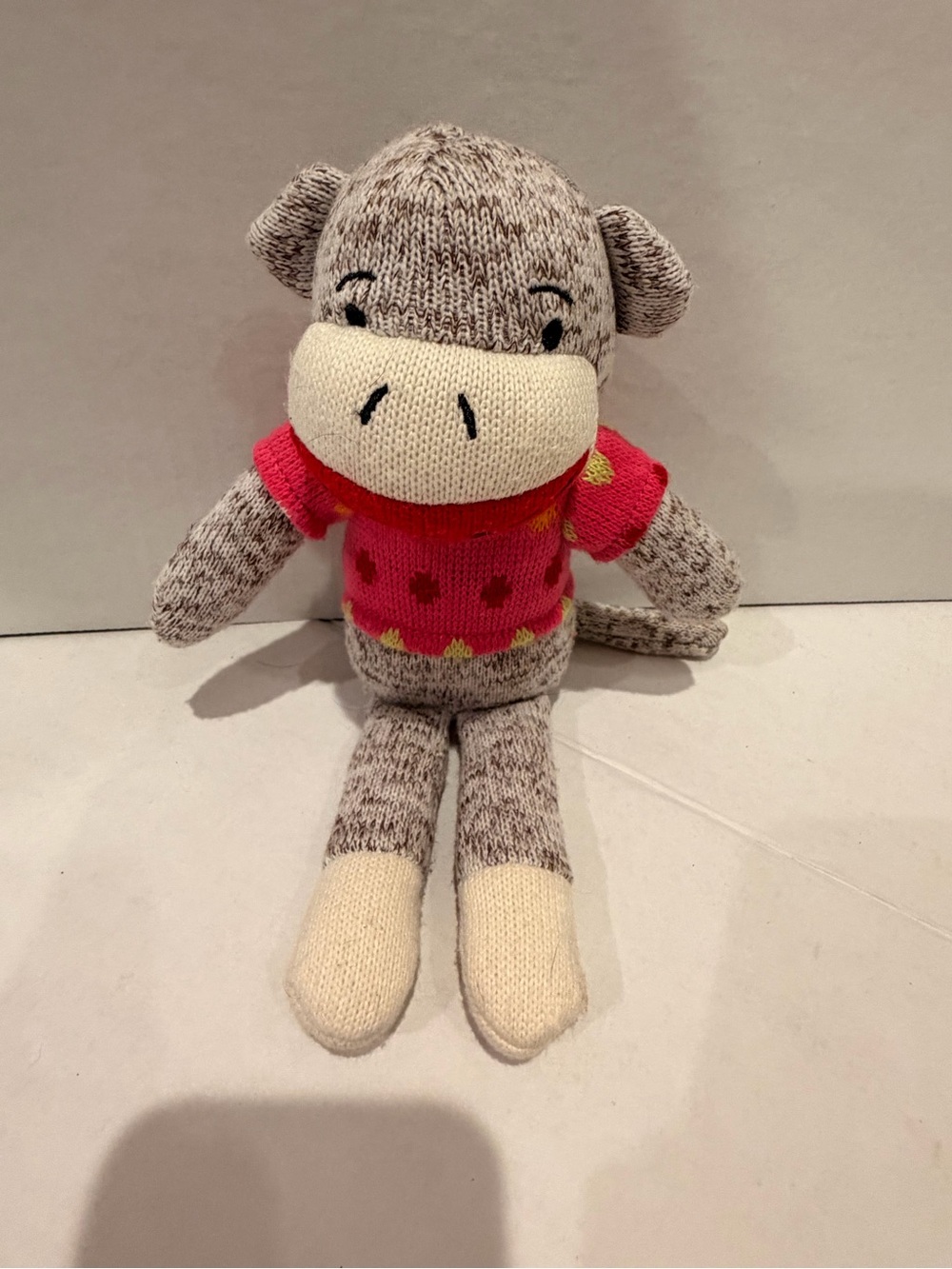 Hand-Knit Plush Monkey in Heather Gray with Pink Sweater